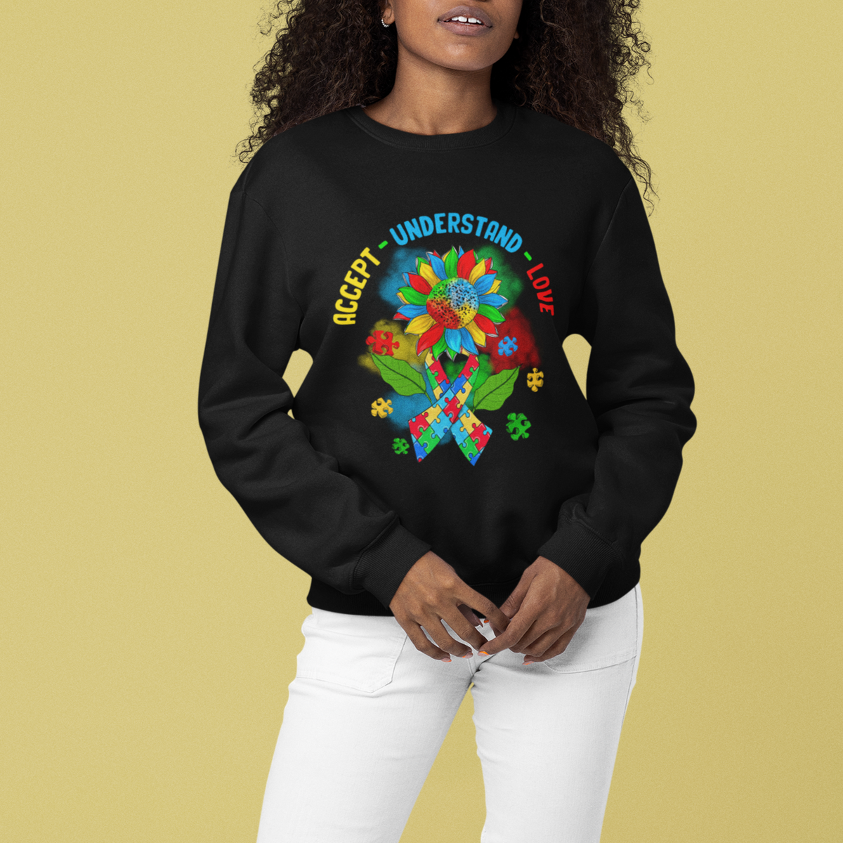 Autism Awareness Sweatshirt Accept Understand Love Rainbow Puzzle Sunflower - Wonder Print Shop