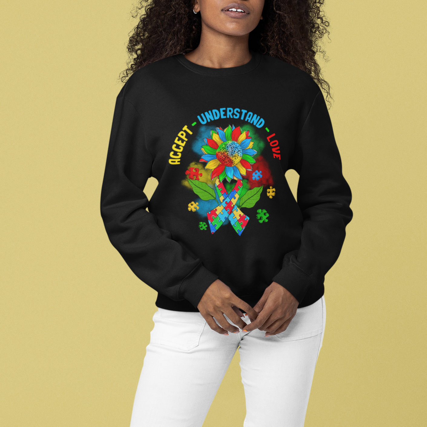 Autism Awareness Sweatshirt Accept Understand Love Rainbow Puzzle Sunflower - Wonder Print Shop