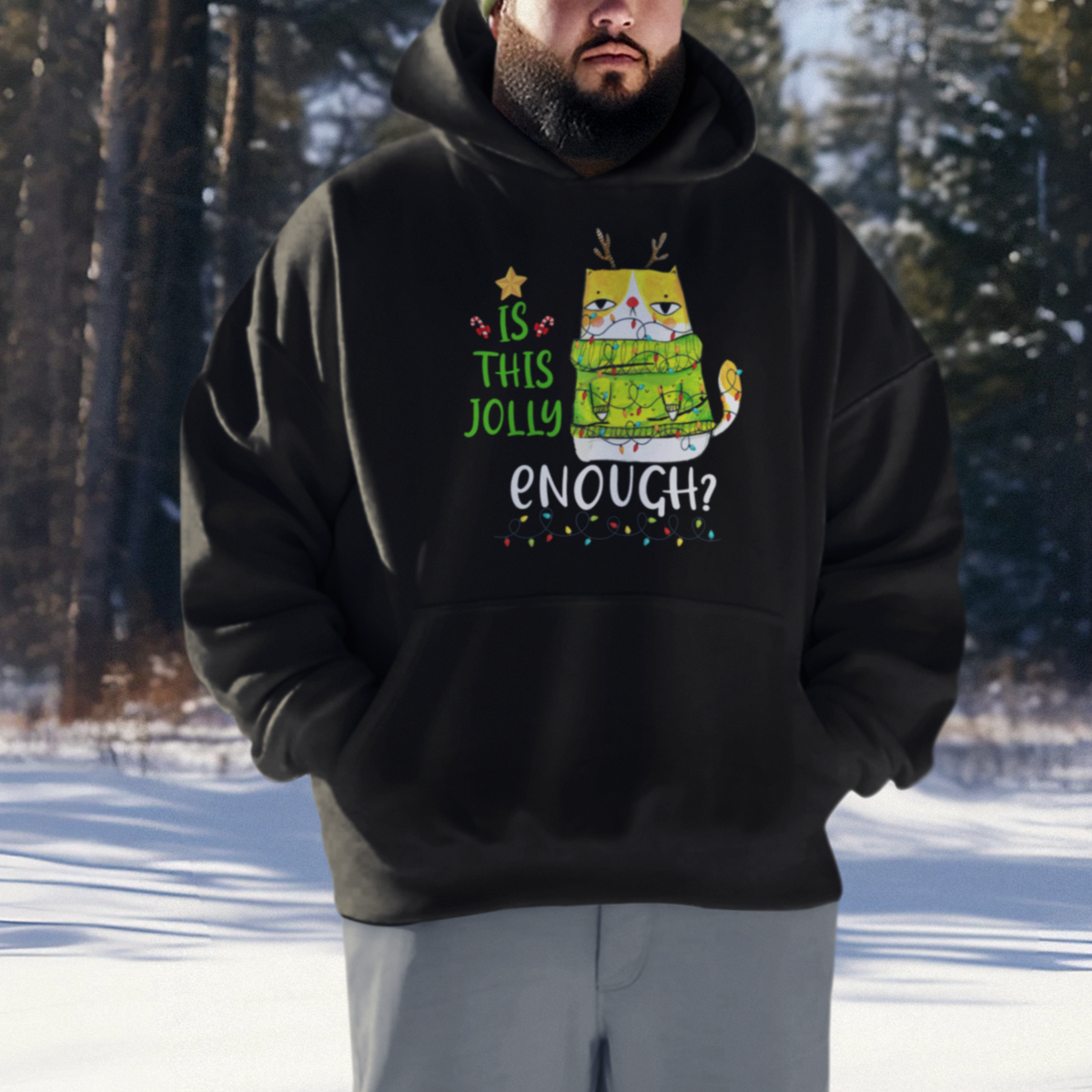 Is This Jolly Enough Funny Cat Merry Christmas Light Hoodie - Wonder Print Shop