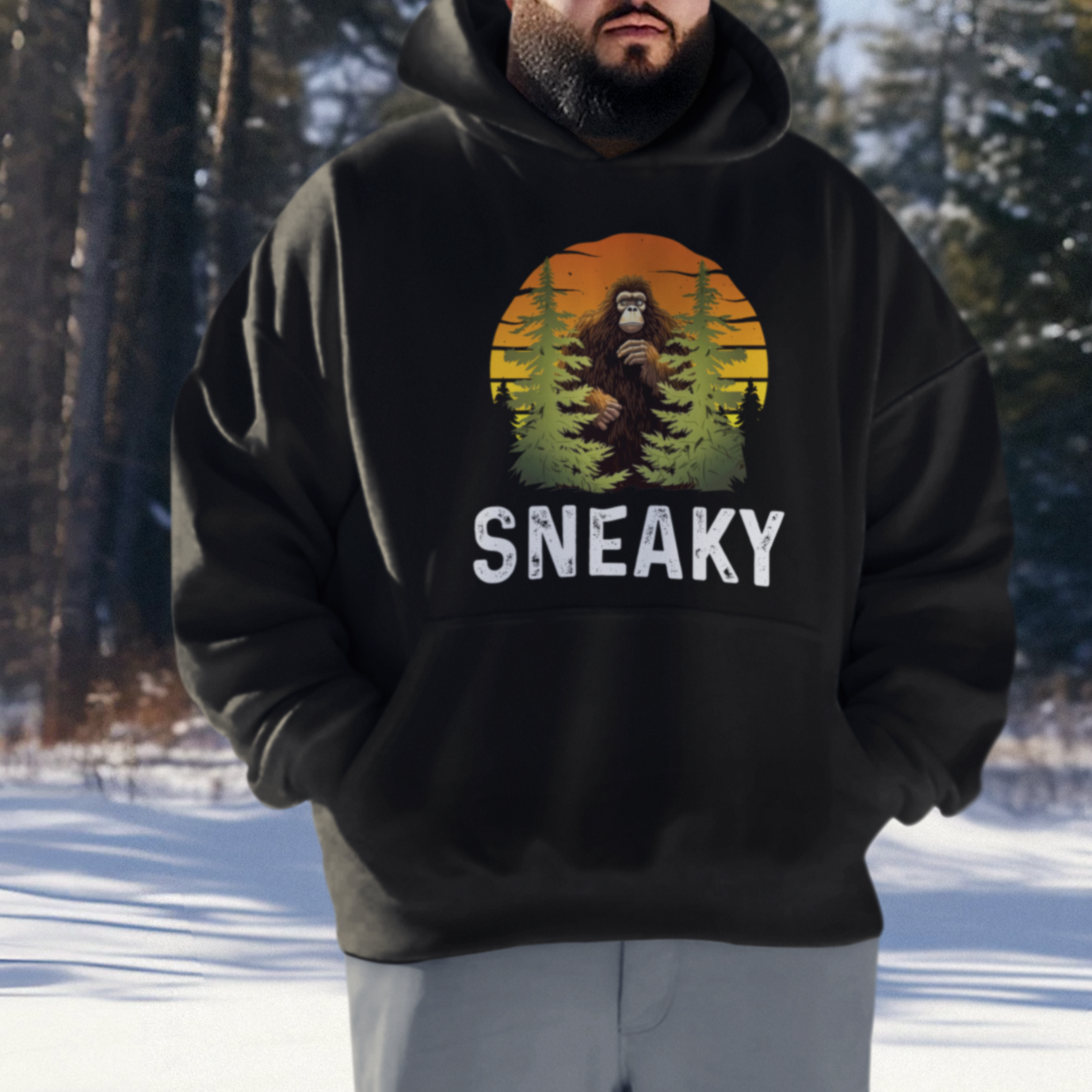 Bigfoot Sneaky Hoodie Funny Sasquatch Hiding Retro Forest - Wonder Print Shop