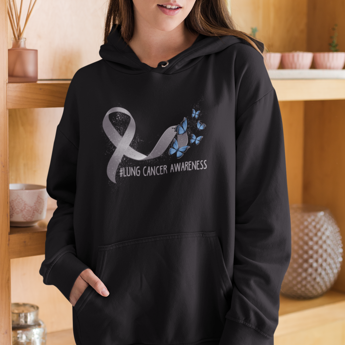 Pretty White Ribbon Butterfly Lung Cancer Awareness Hoodie - Wonder Print Shop