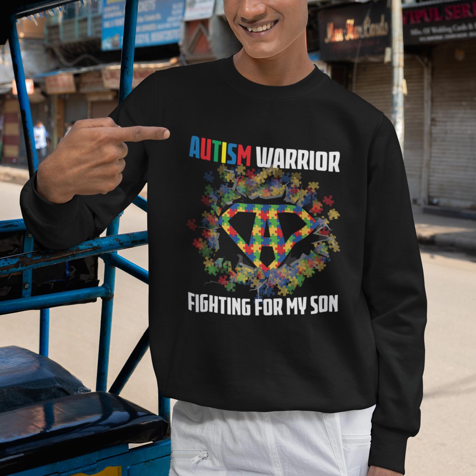 Autism Warrior Fighting For My Son Mom Dad Parents Sweatshirt - Wonder Print Shop