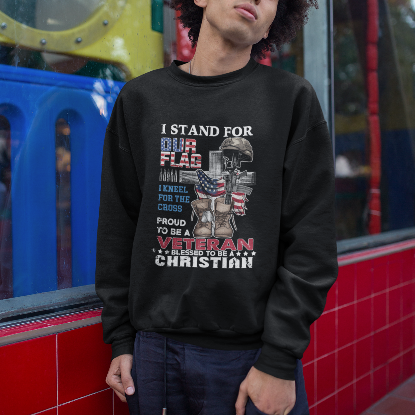 American Veteran Sweatshirt I Stand For Our Flag I Kneel For The Cross Blessed To Be Christian - Wonder Print Shop