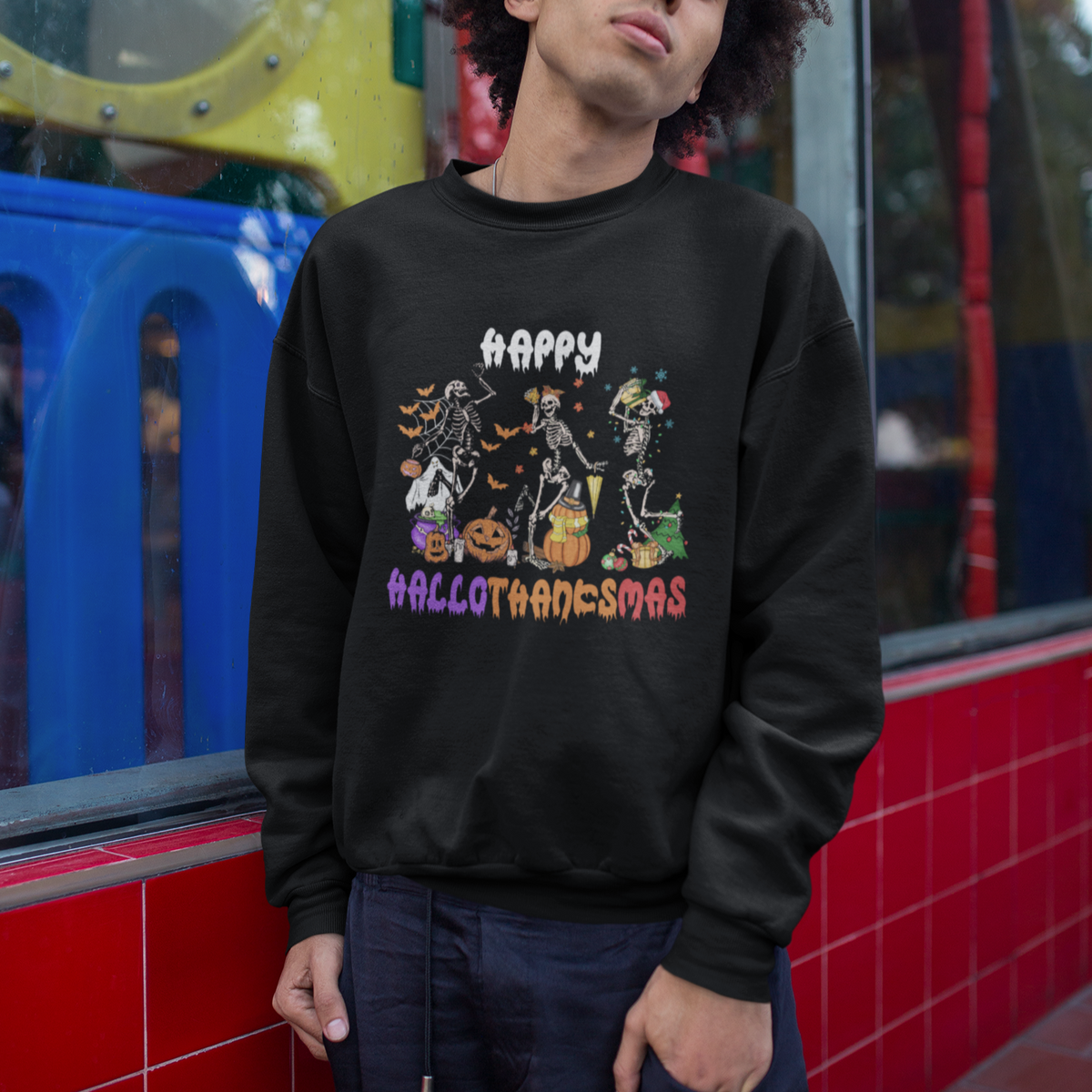 Hallothanksmas Sweatshirt Halloween Thanksgiving Christmas HalloThanksMas Skeleton - Wonder Print Shop