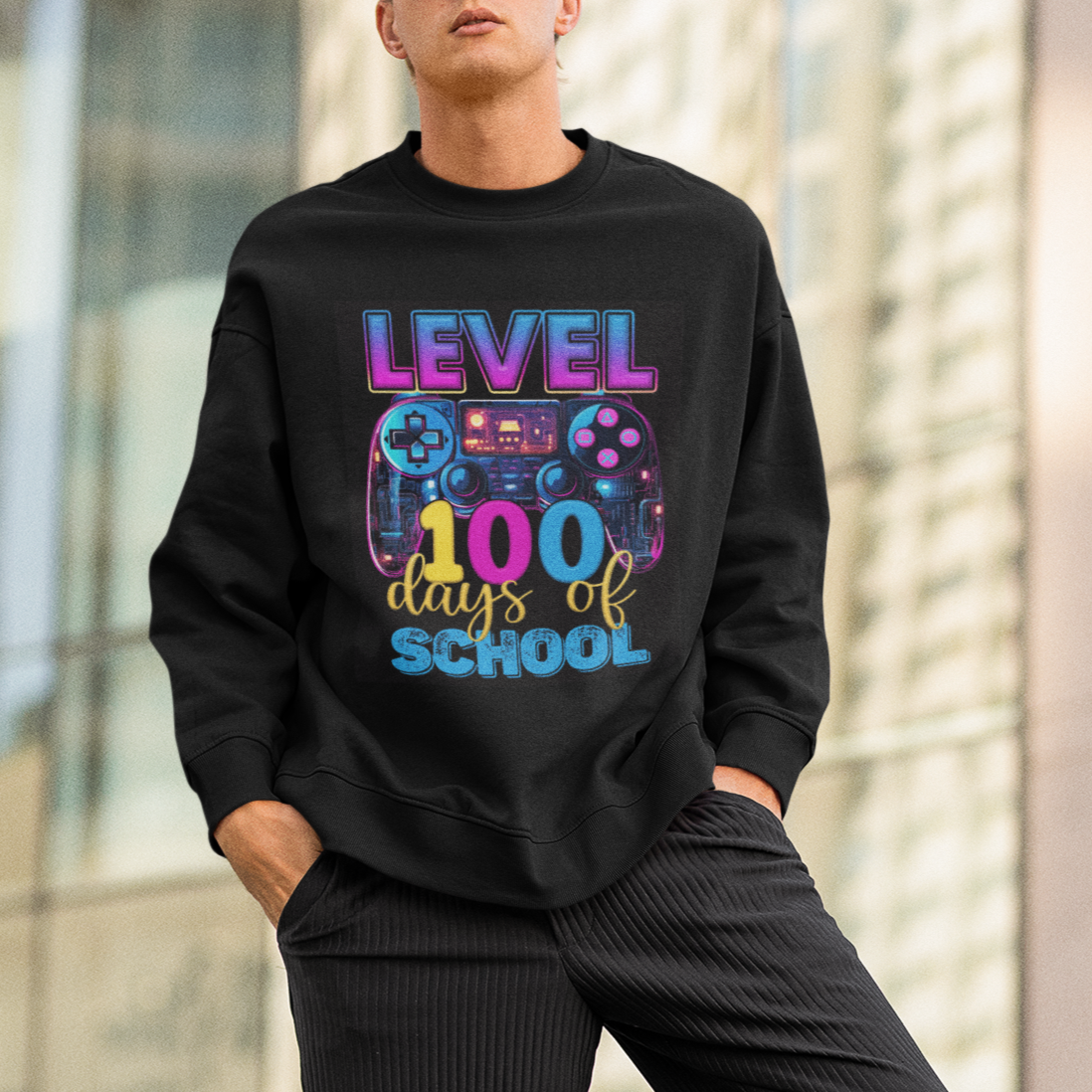 100 Days of School Gamer Sweatshirt Level 100 Unlocked Neon Game Controller - Wonder Print Shop