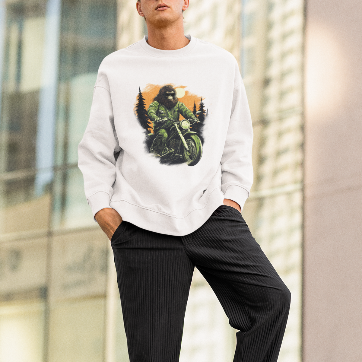 Bigfoot Biker Funny Sasquatch Riding A Motorcycle Vintage Sweatshirt - Wonder Print Shop