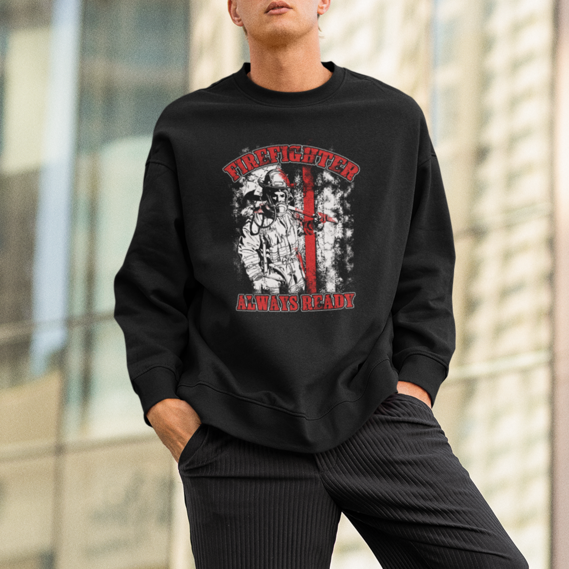 Firefighter Sweatshirt Firefighter Always Ready Fireman American Flag Thin Red Line - Wonder Print Shop