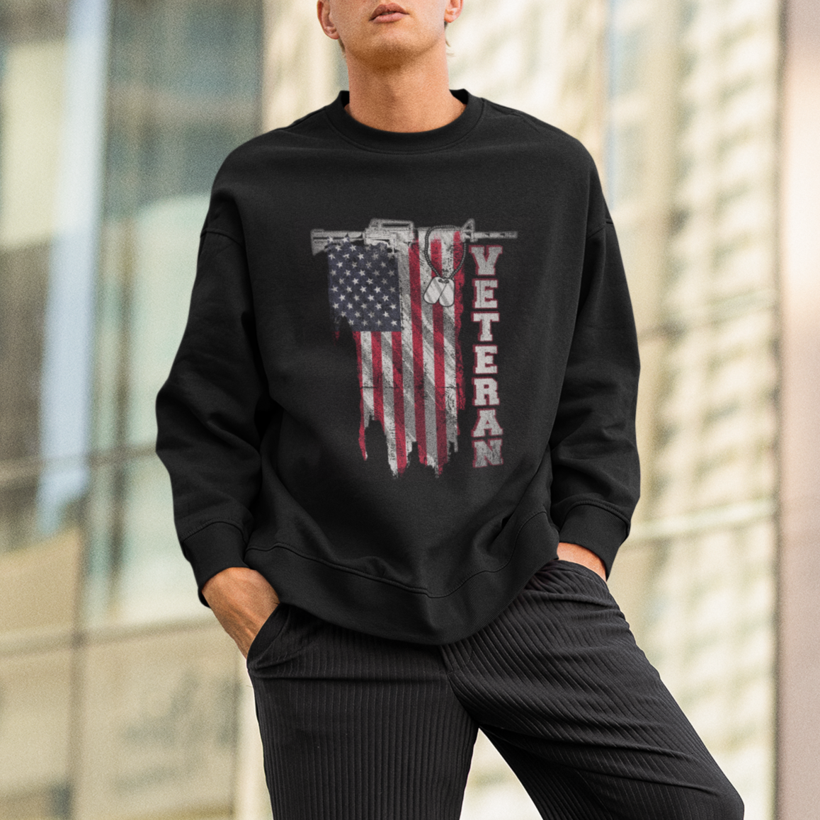 American Veteran Sweatshirt US Flag With Rifle And Dog Tags - Wonder Print Shop