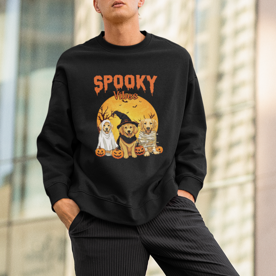 Halloween Golden Retriever Sweatshirt Ghost Dogs Boo Sheet Spooky Vibes - Wonder Print Shop