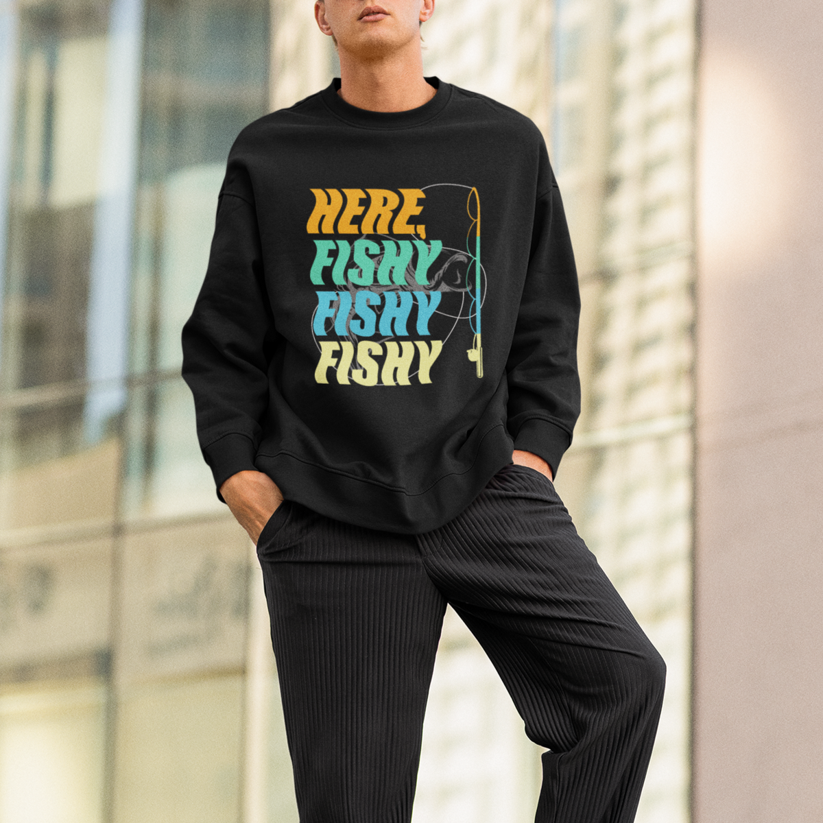 Here Fishy Fisherman Fishing Sport Angler Sweatshirt - Wonder Print Shop