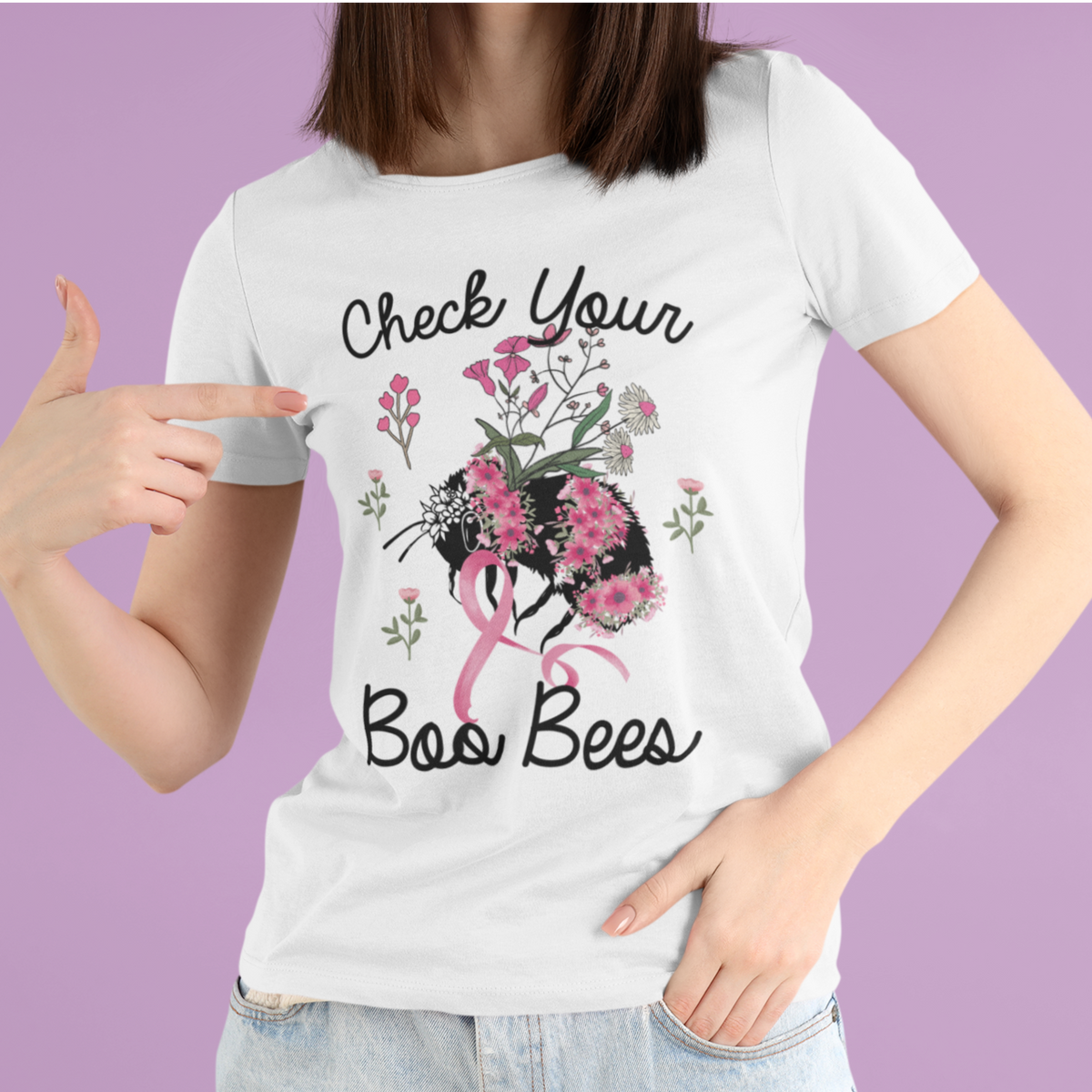Breast Cancer Awareness T Shirt Check Your Boo Bees Pink Ribbon Support Squad - Wonder Print Shop