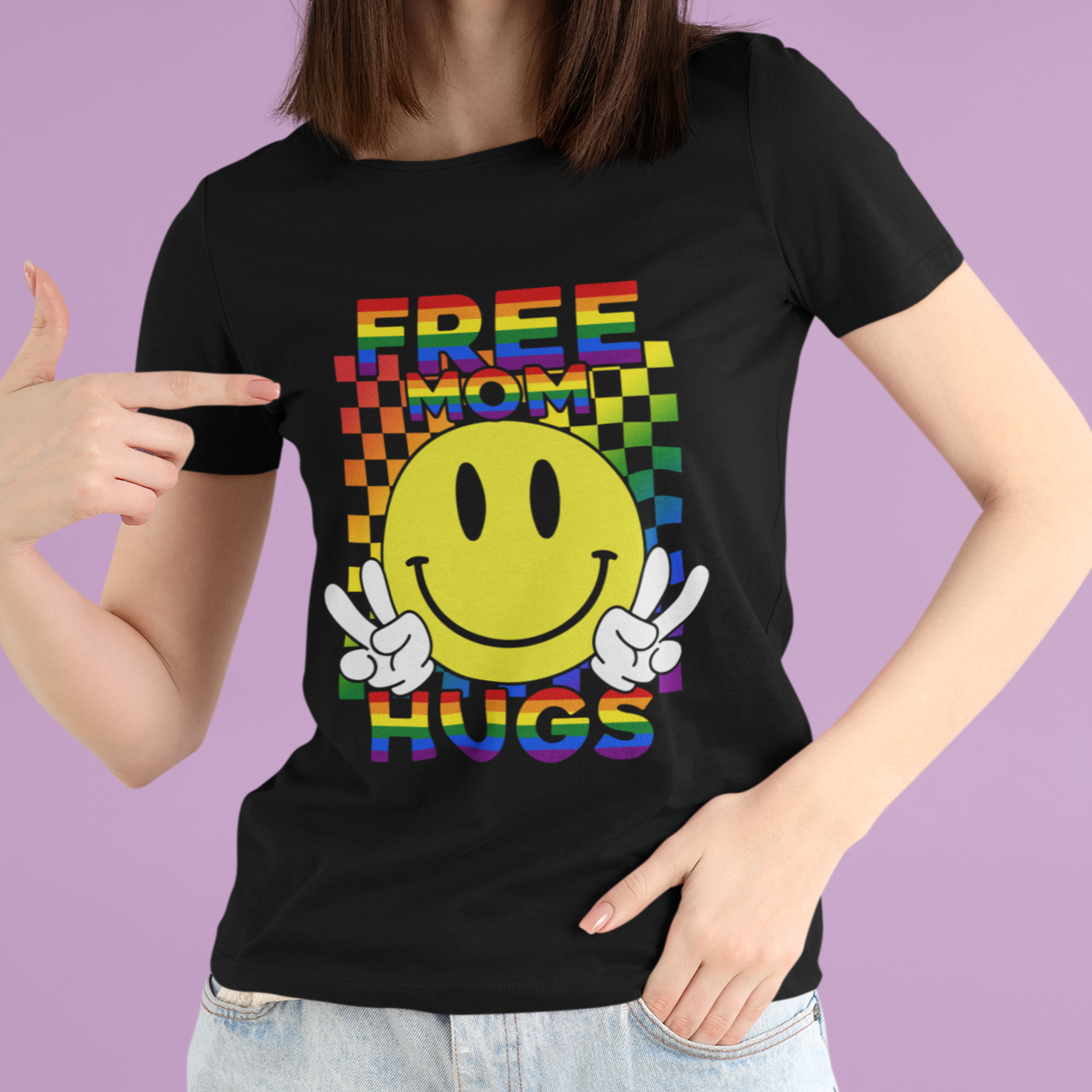 LGBT Mom T Shirt Retro Free Mom Hugs Proud Ally Rainbow Flag LGBT Pride Month - Wonder Print Shop