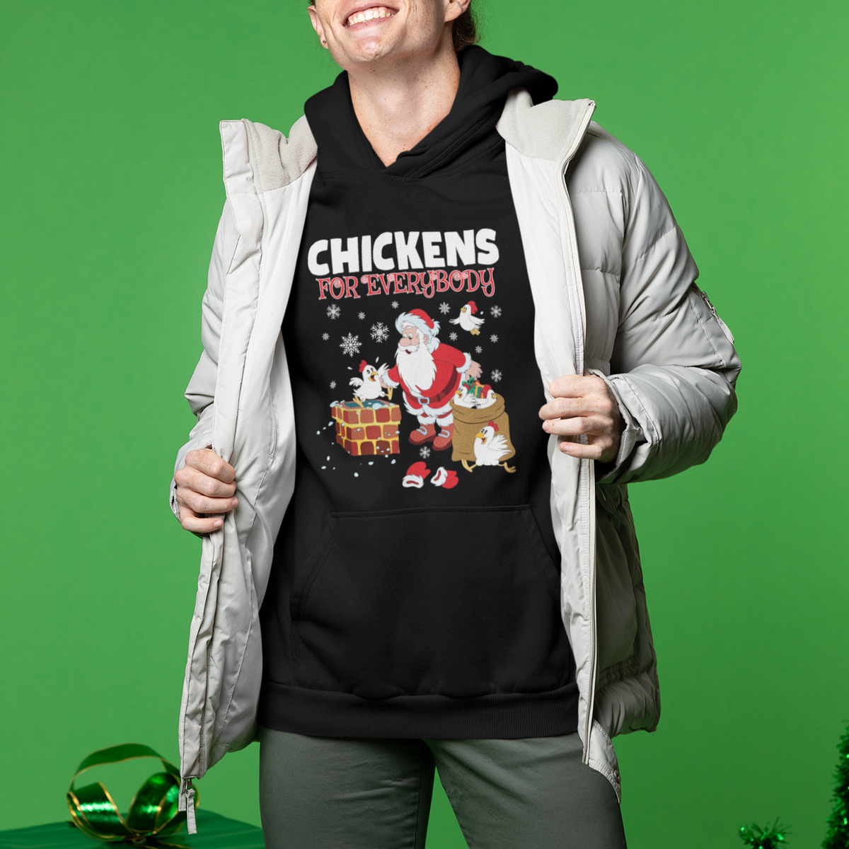 Christmas Hoodie Chickens For Everybody Santa Present Chimney - Wonder Print Shop