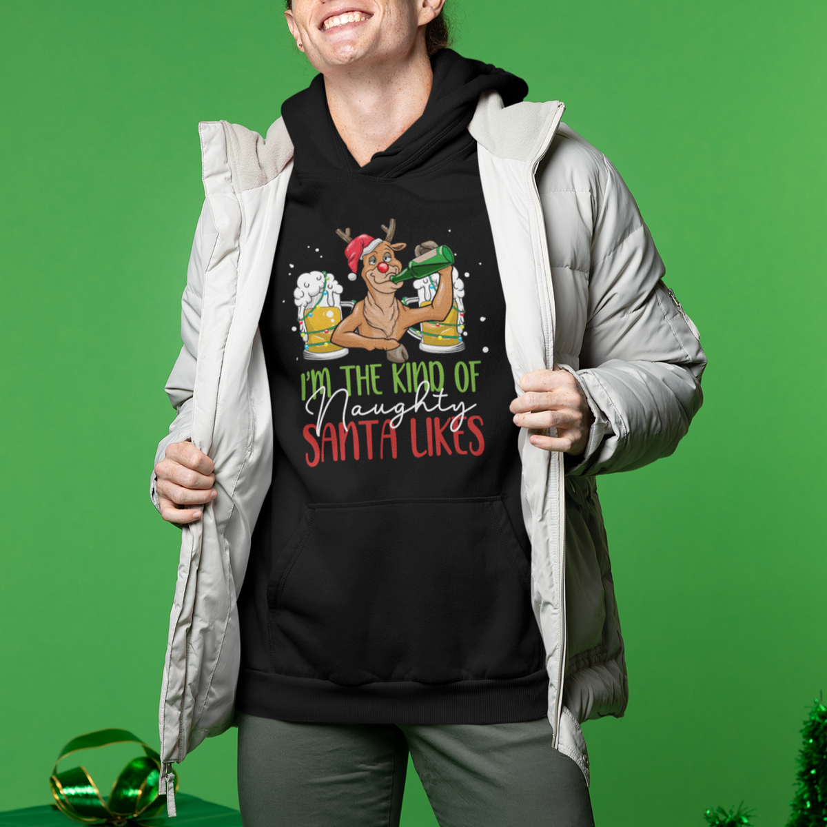 Christmas Hoodie Reindeer Beer Drinking I'm The Kind Of Naughty Santa Likes - Wonder Print Shop