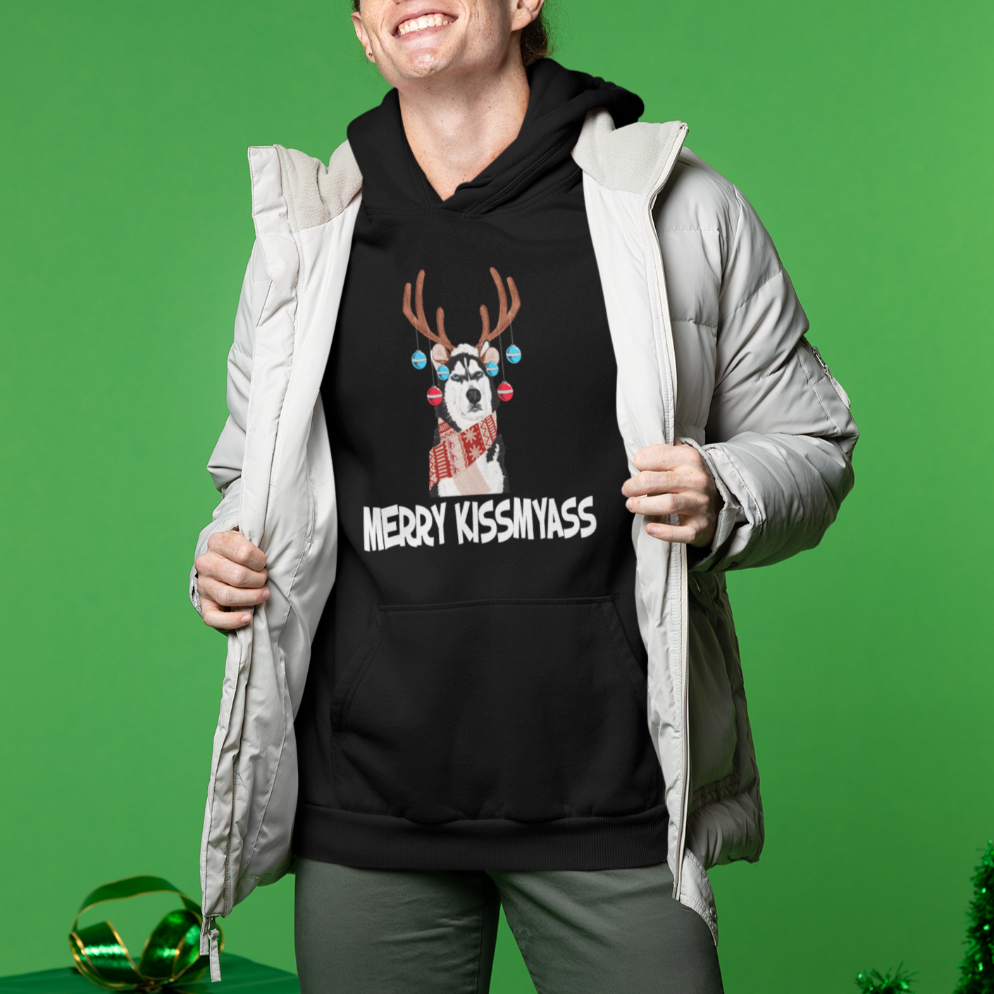 Christmas Hoodie Merry Kissmyasss Husky Reindeer Dog Lover - Wonder Print Shop