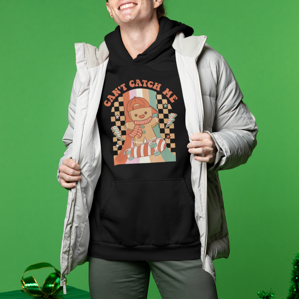 Christmas Hoodie Skateboarding Gingerbread Boy Can't Catch Me - Wonder Print Shop