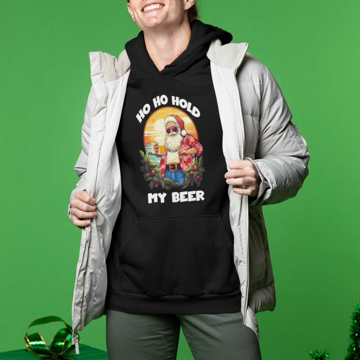 Christmas In Hawaii Hoodie Ho Ho Hold My Beer Cool Santa Sunglass - Wonder Print Shop