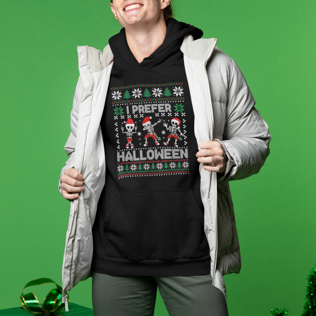 Christmas Hoodie I Prefer Halloween Cool Santa Skeleton Dancing - Wonder Print Shop