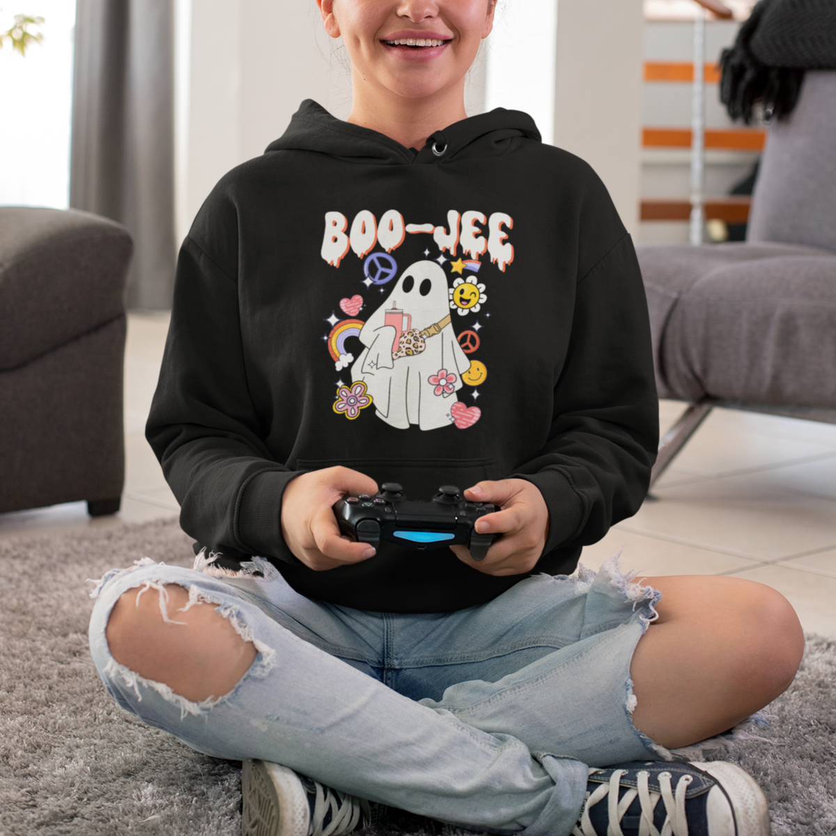 Ghost Halloween Costume Hoodie Spooky Season Hippie Boujee Boo-Jee - Wonder Print Shop