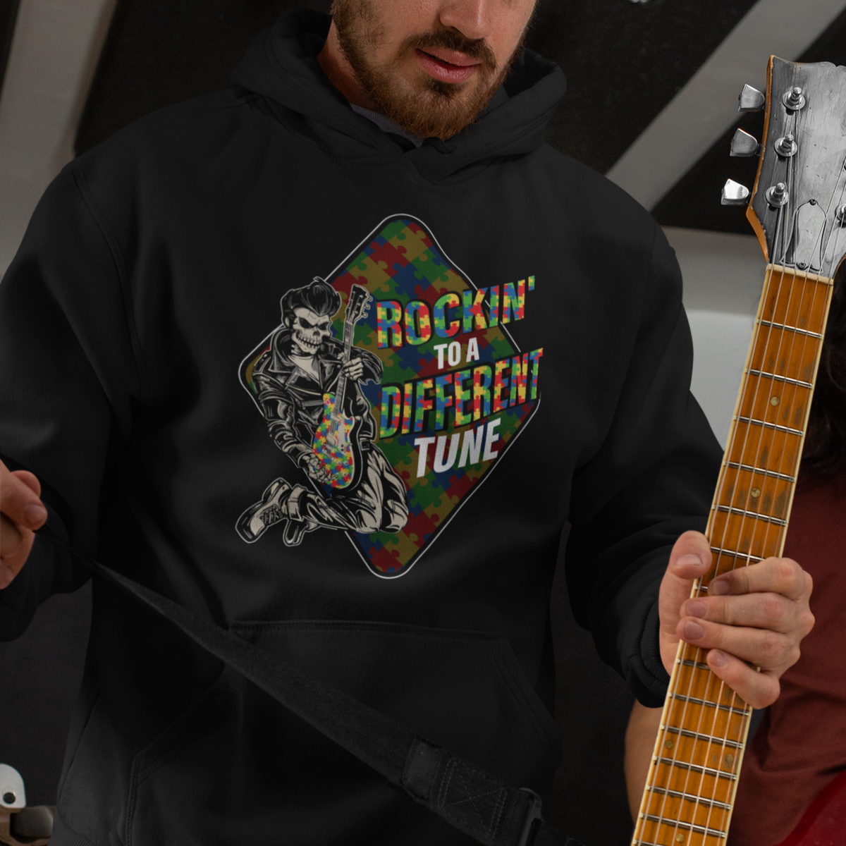 Autism Awareness Hoodie Rockin' To A Different Tune Skeleton - Wonder Print Shop