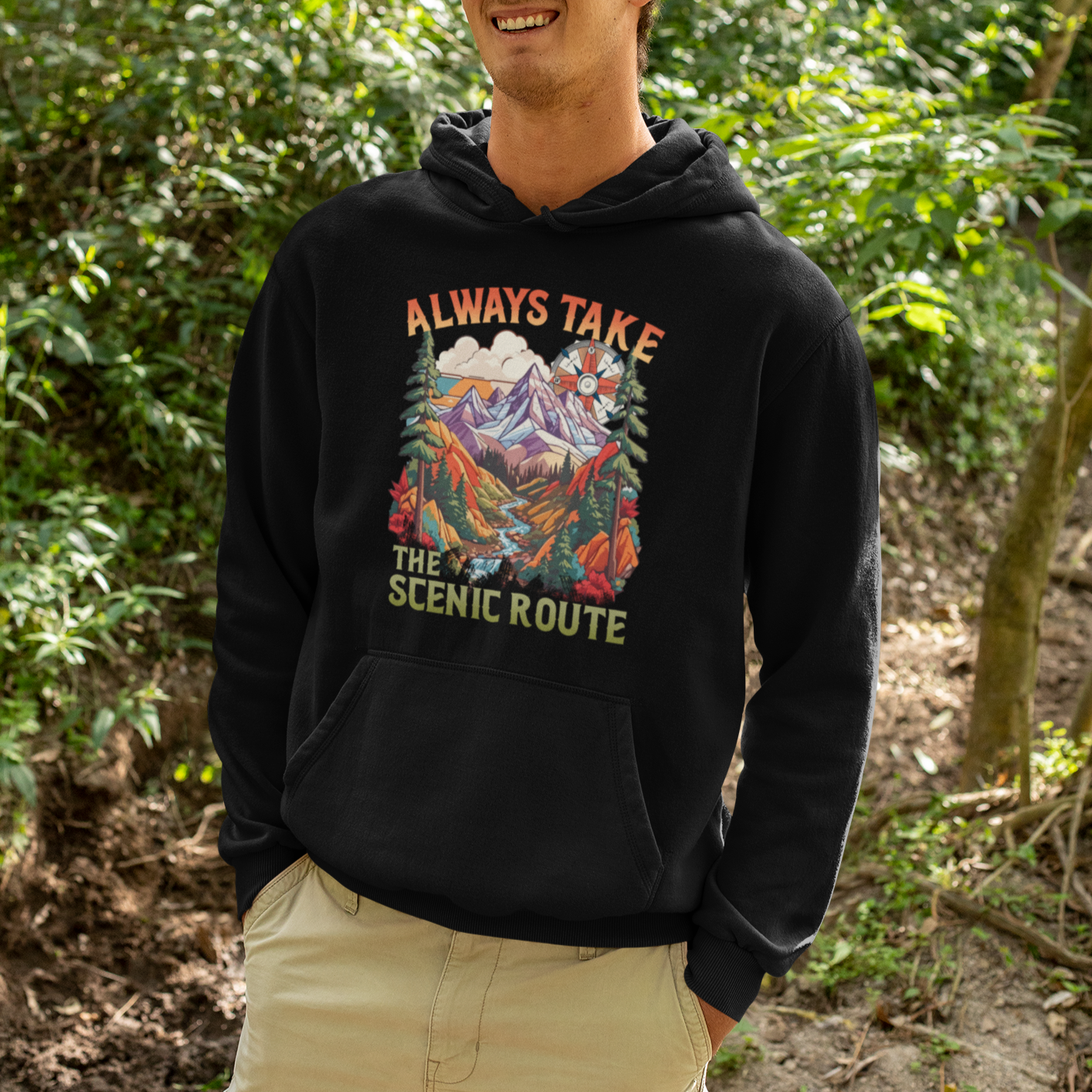 Outdoor Adventure Hoodie Always Take The Scenic Route Compass Hiking Camping - Wonder Print Shop