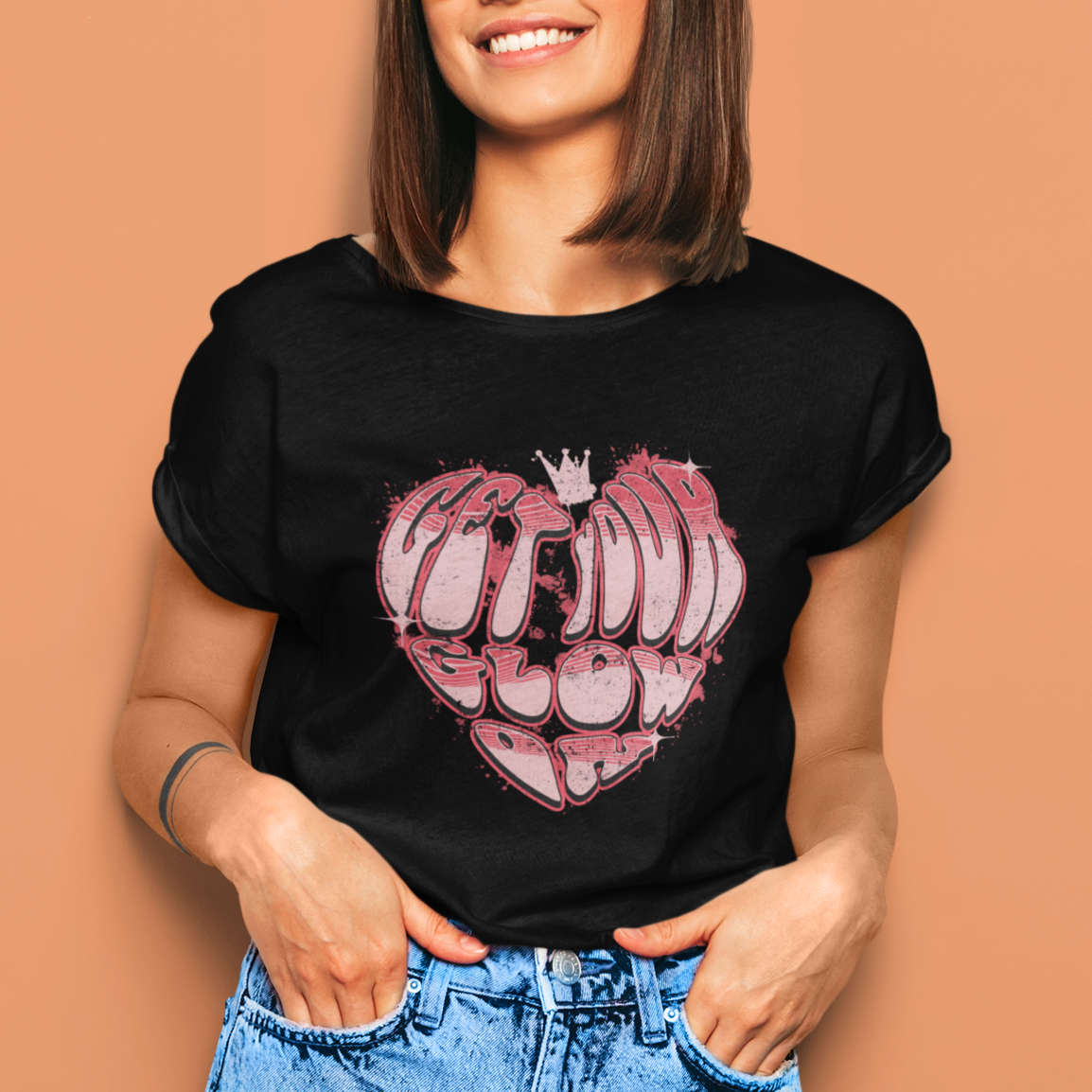 Retro 70s 80s T Shirt Get Your Glow On GLow Party Retro 70s 80s Graffiti Heart Shape - Wonder Print Shop