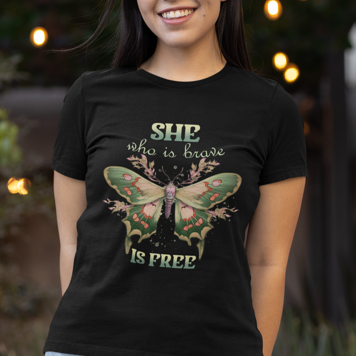 Aesthetic Vintage Botanical Luna Moth She Is Brave She Is Free Boho Cottagecore Floral Green Moth T-Shirt for Women, Spiritual Moth T Shirt For Women - Wonder Print Shop