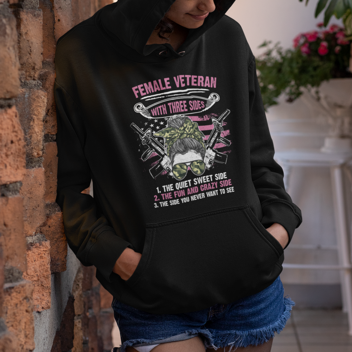 Female Veteran Hoodie With Three Sides But The Side You Never Want To See Army Messy Bun - Wonder Print Shop