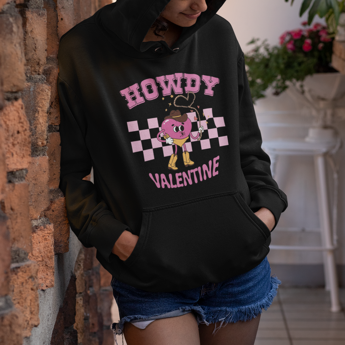 Valentine's Day Hoodie Howdy Valentine Heart Retro Groovy - Wonder Print Shop