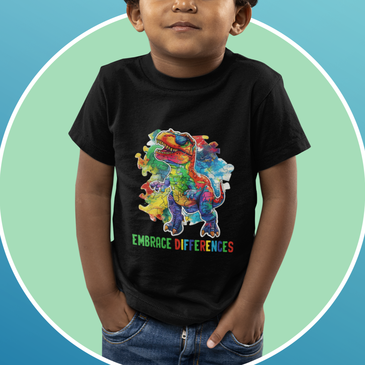 Autism Awareness T Shirt For Kid Embrace Differences Puzzle Dinosaur - Wonder Print Shop