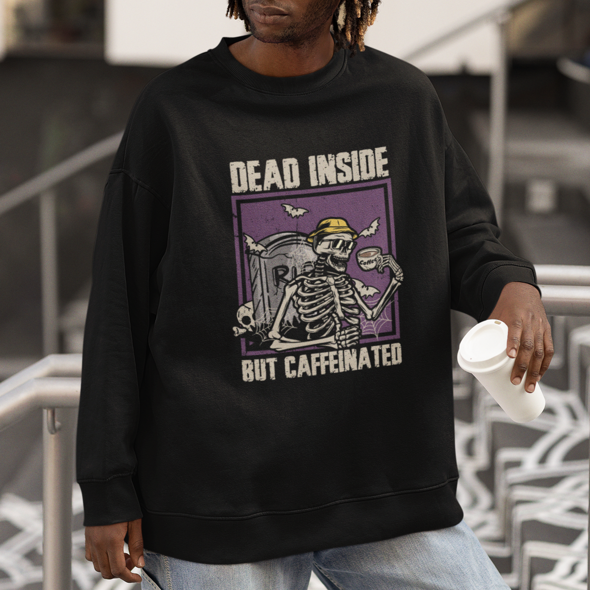 Halloween Sweatshirt Dead Inside But Caffeinated Skeleton Halloween Costume - Wonder Print Shop