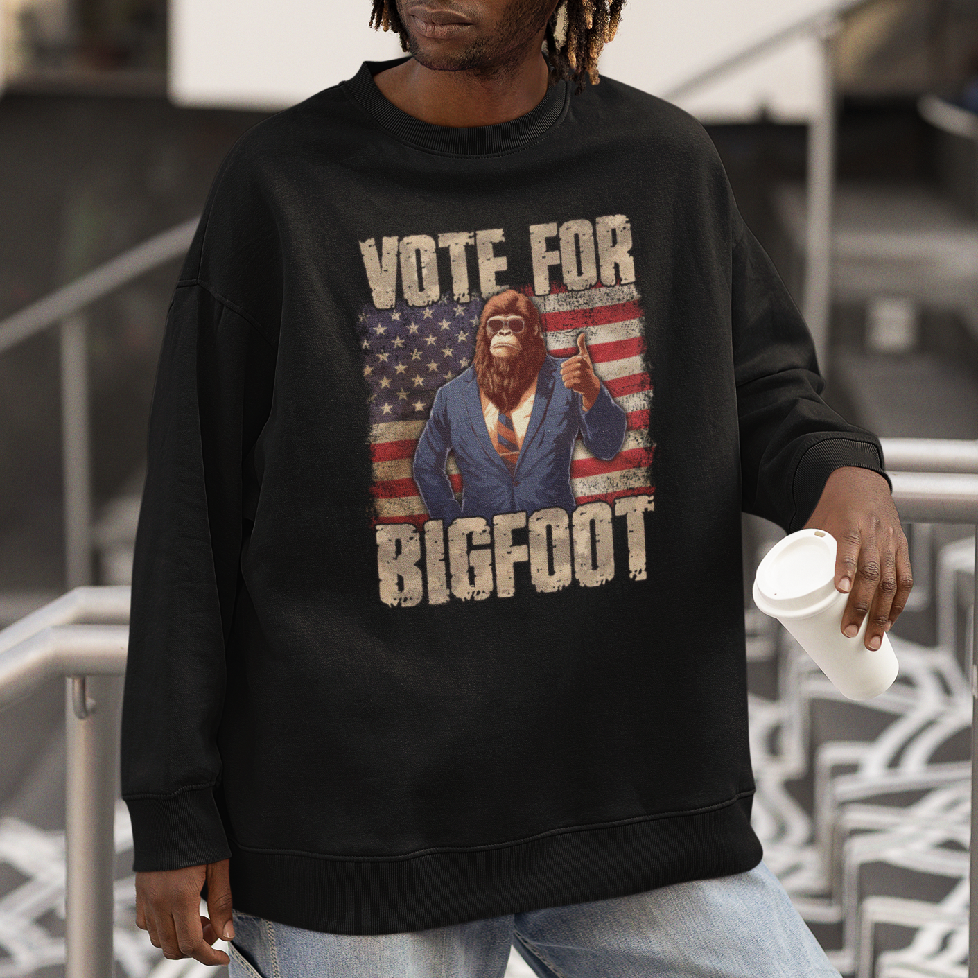 Vote For Bigfoot President Election Funny Sasquatch USA Flag Sweatshirt - Wonder Print Shop
