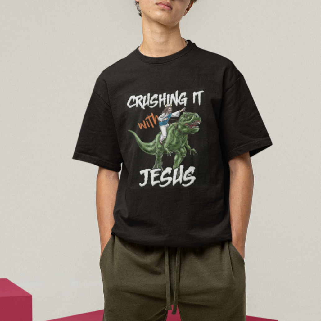 Crushing It With Jesus T Shirt Funny Riding Dinosaur - Wonder Print Shop