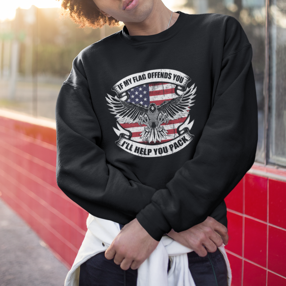 American Patriotic Sweatshirt If My Flag Offends You I'll Help You Pack American Flag Bald Eagle - Wonder Print Shop