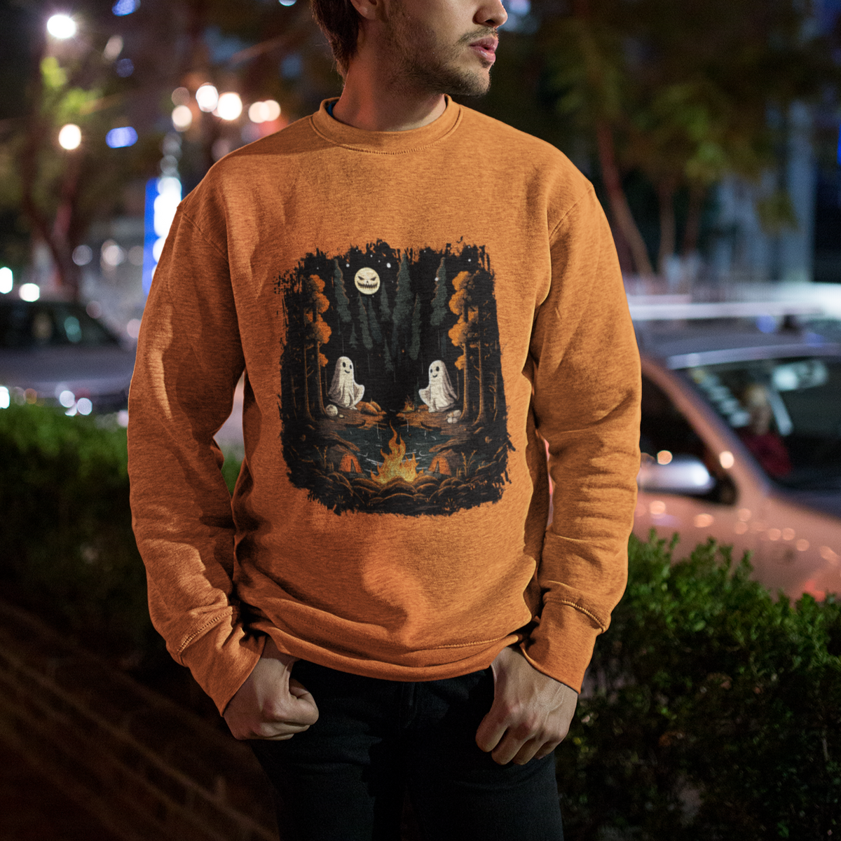 Halloween Sweatshirt Cute Boo Spooky Ghost Camping In The Forest Gothic Halloween T-Shirt for Halloween lovers, Spooky Season Shirt, Ghosts - Wonder Print Shop