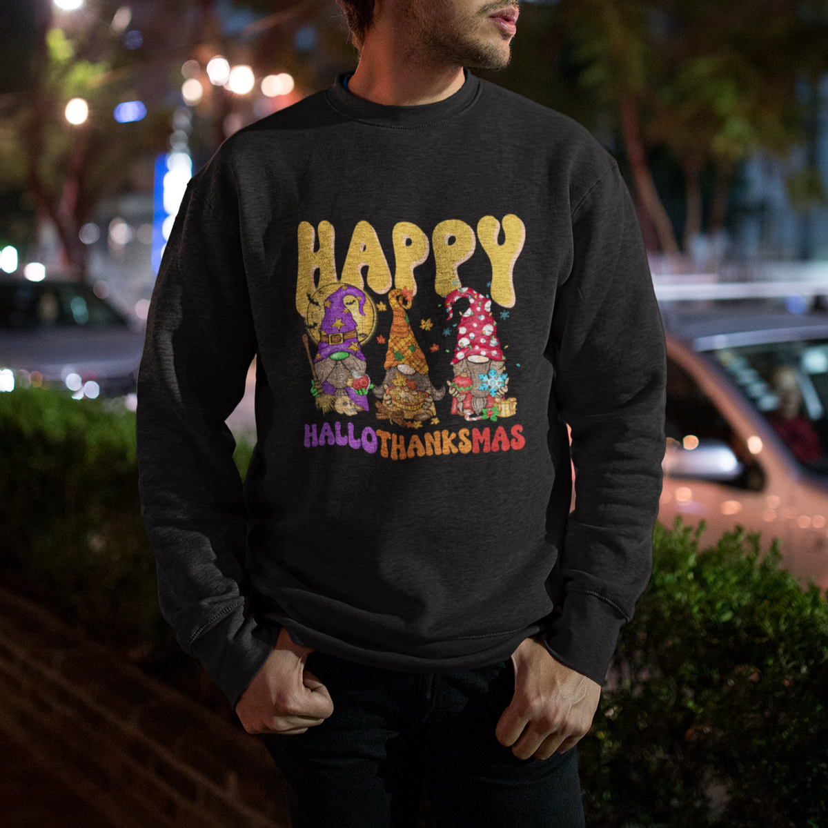 Hallothanksmas Sweatshirt Halloween Thanksgiving Christmas Happy HalloThanksMas Gnomes - Wonder Print Shop