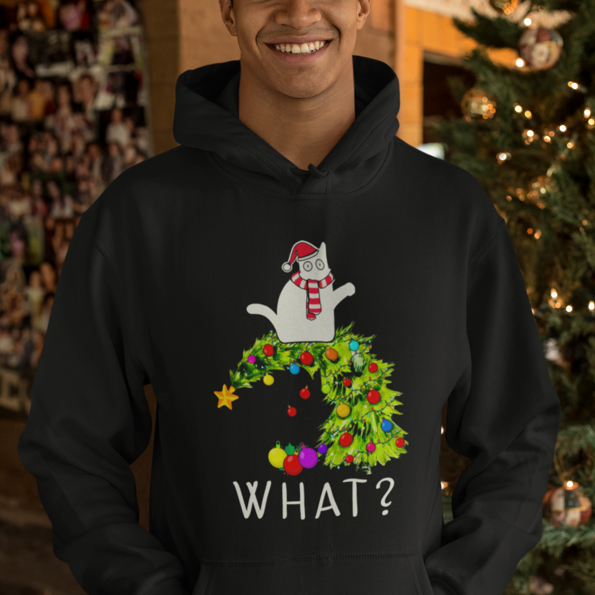 What? Cat Pushing Christmas Tree Xmas Mischievous Cat Lover Hoodie - Wonder Print Shop