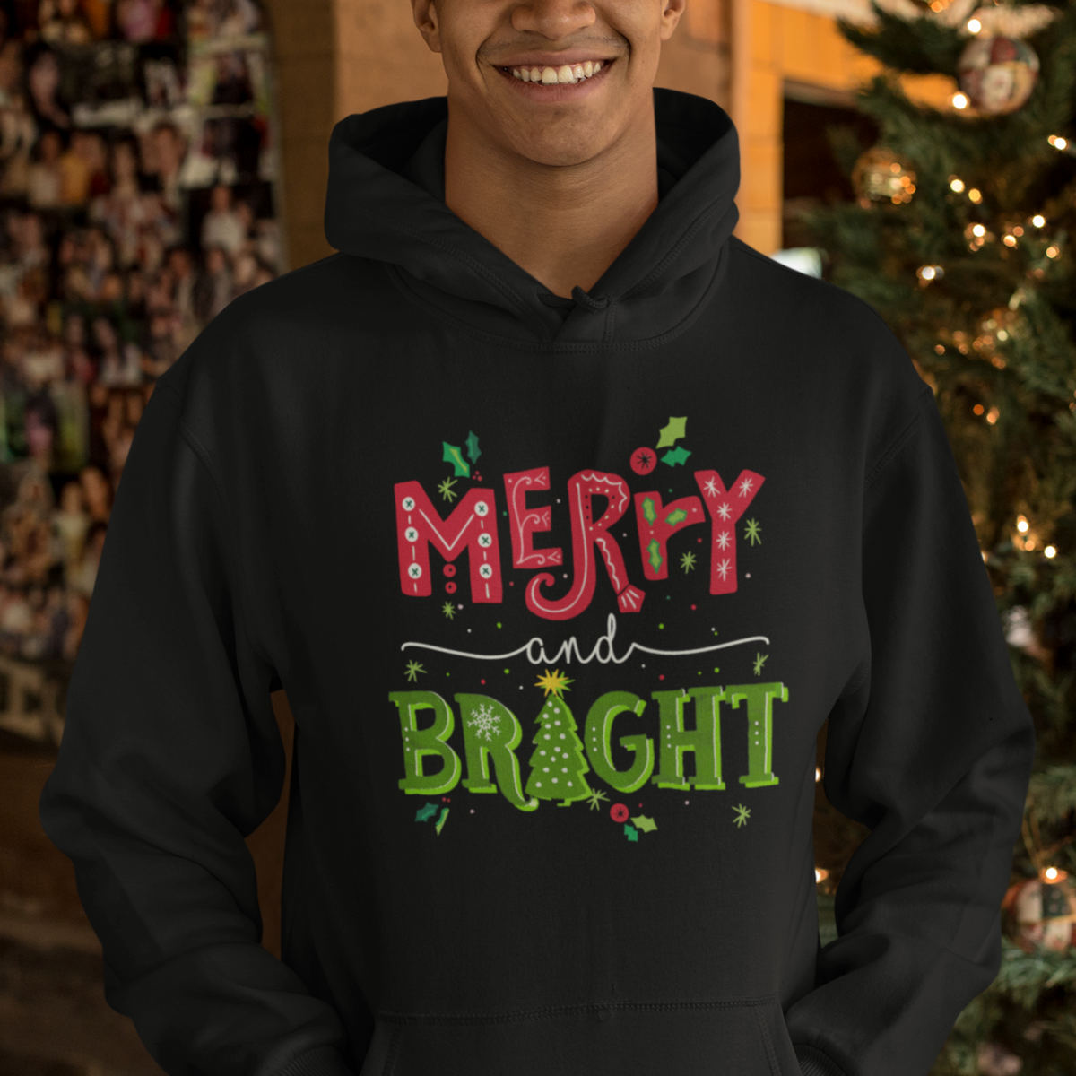 Merry And Bright Christmas Tree Xmas Holiday Hoodie - Wonder Print Shop