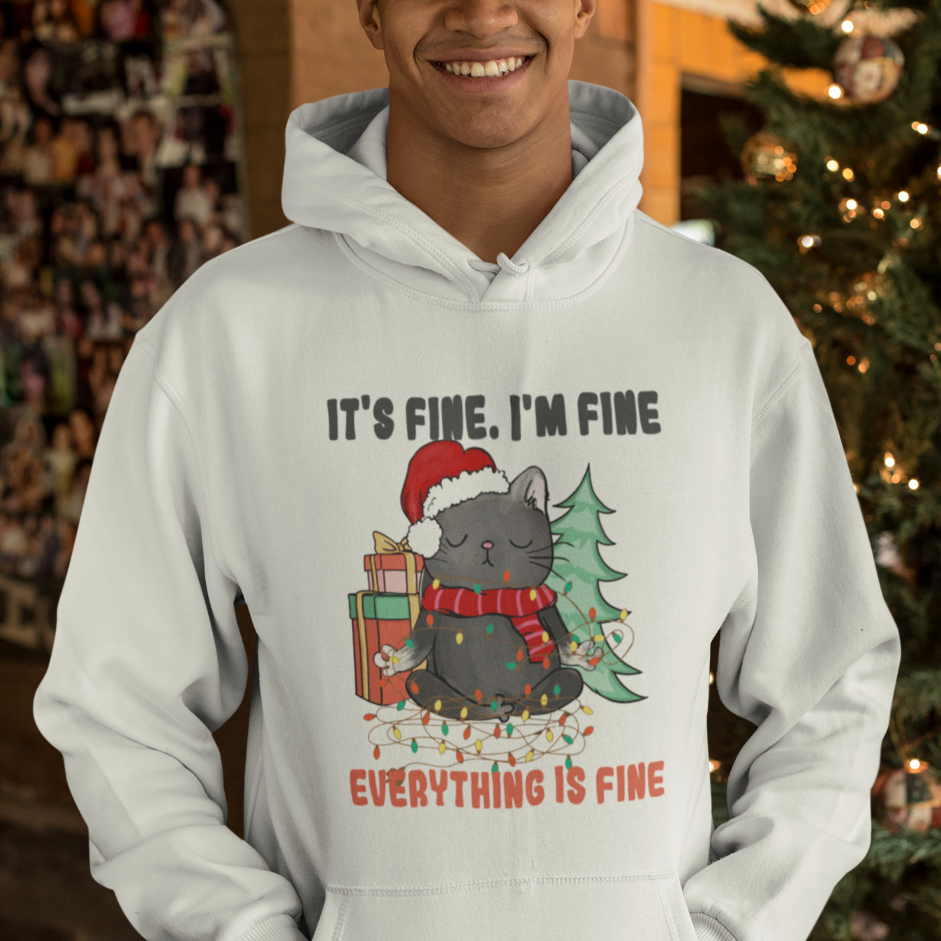 Christmas Black Cat Hoodie It's Fine I'm Fine Everything Is Fine Xmas Light Funny - Wonder Print Shop