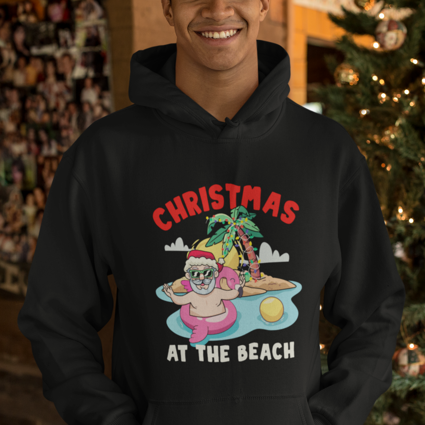Funny Flamingo Float Santa Claus Christmas At The Beach Hoodie - Wonder Print Shop