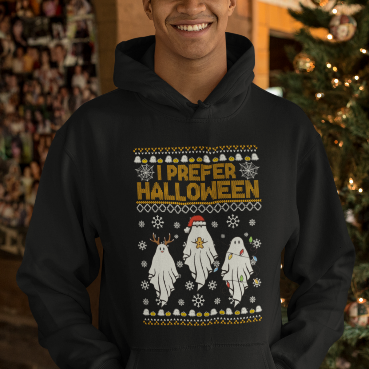 Christmas Hoodie I Prefer Halloween Cute Santa Ghost Boo Skeleton - Wonder Print Shop