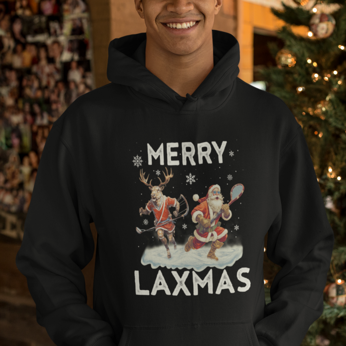 Christmas Sport Hoodie Merry LAXMAS Santa Reindeer Play Lacrosse - Wonder Print Shop