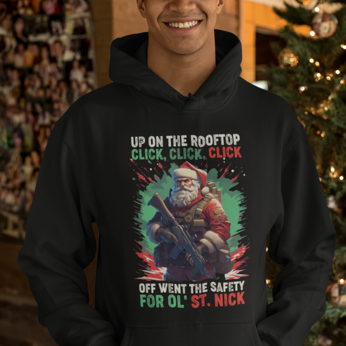 Christmas Hoodie Up On The Rooftop Click Click Click Santa Patriotic - Wonder Print Shop
