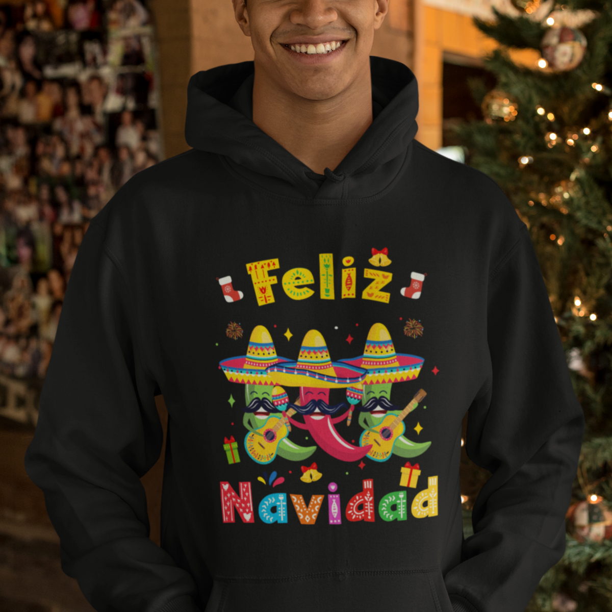 Feliz Navidad Mexican Fiesta Hot Pepper Guitar Party Hoodie - Wonder Print Shop