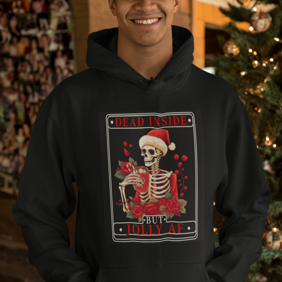 Christmas Hoodie Dead Inside But Jolly AF Funny Chillin'Skeleton - Wonder Print Shop