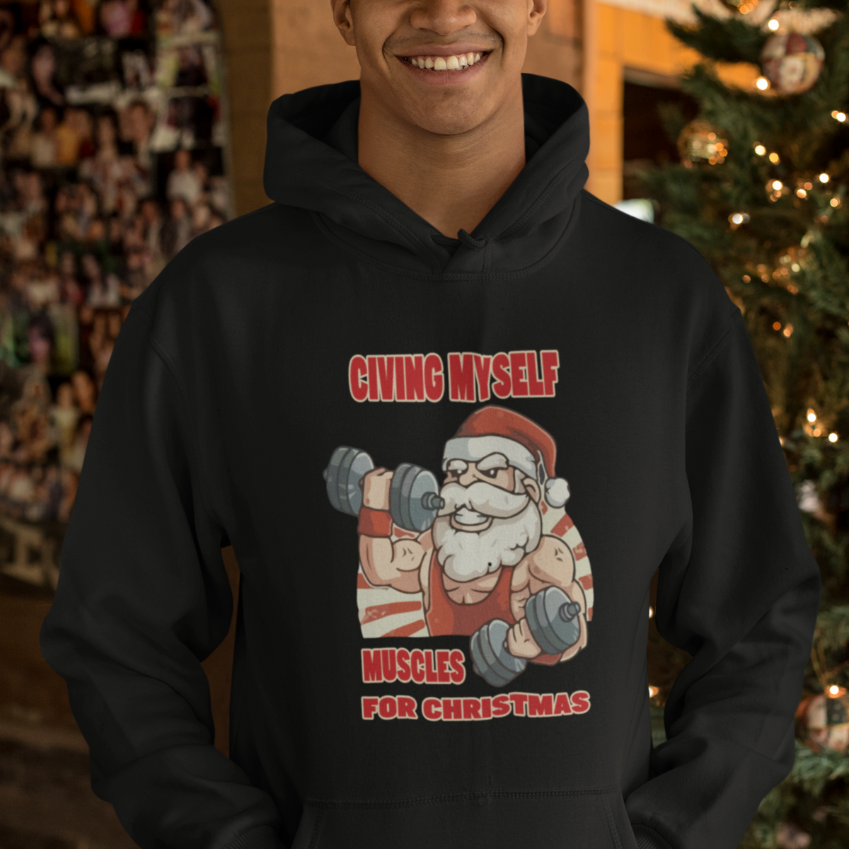 Christmas Hoodie Civing Muscles Santa Weightlifting Gymer - Wonder Print Shop