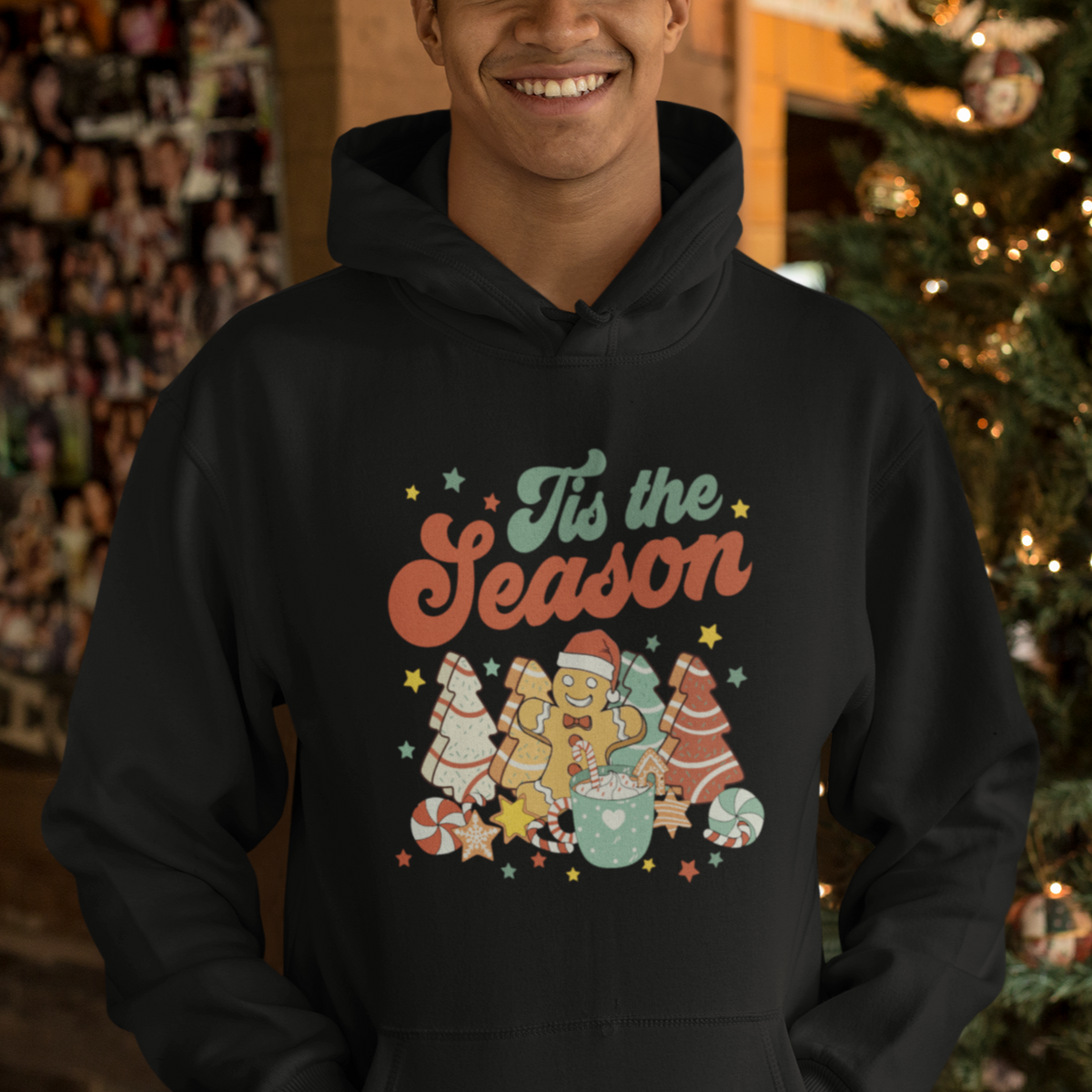 Christmas Cookies Hoodie Tis The Season Xmas Tree Cakes Gingerbread Man Retro Groovy - Wonder Print Shop