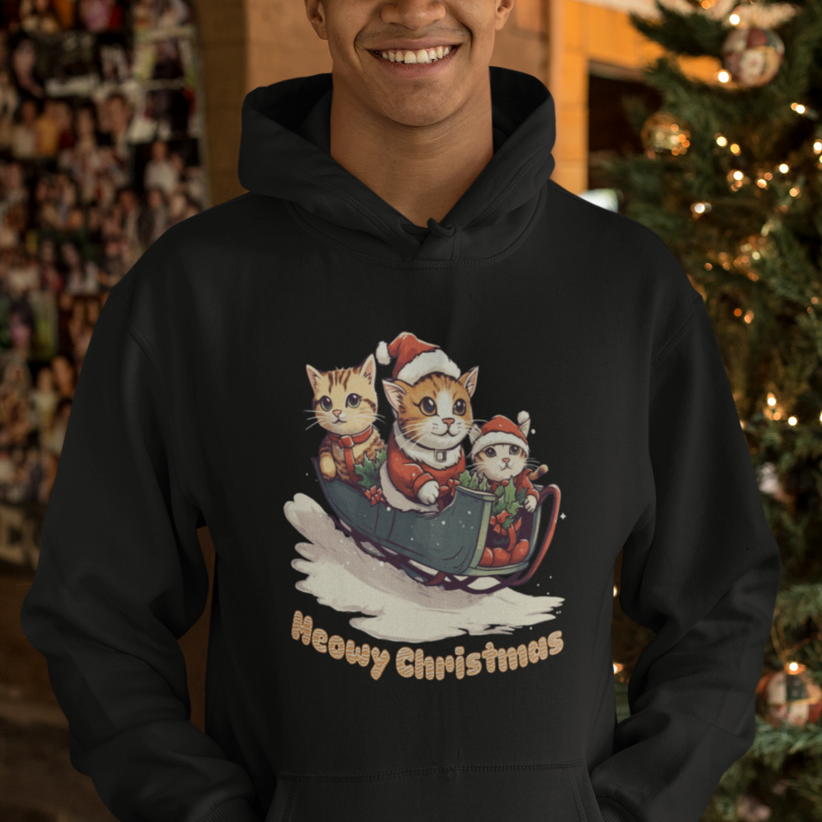 Cat Sleigh Meowy Christmas Holiday Santa Hat Hoodie - Wonder Print Shop