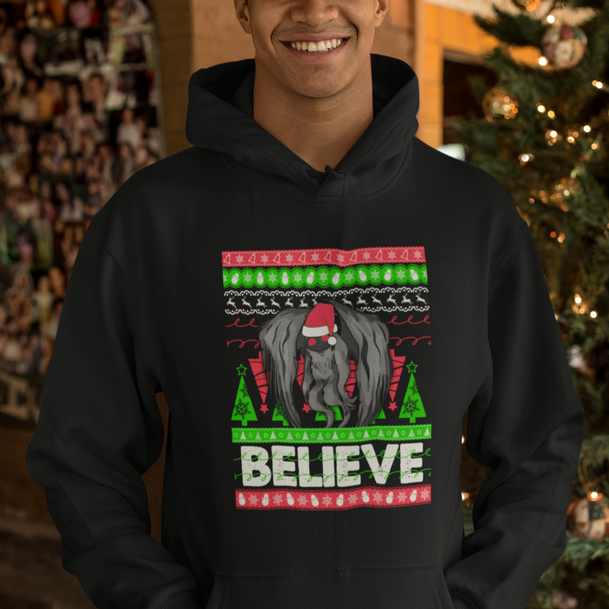 Mothman Christmas Hoodie Believe Cryptmas Cryptid Monster Point Pleasant - Wonder Print Shop