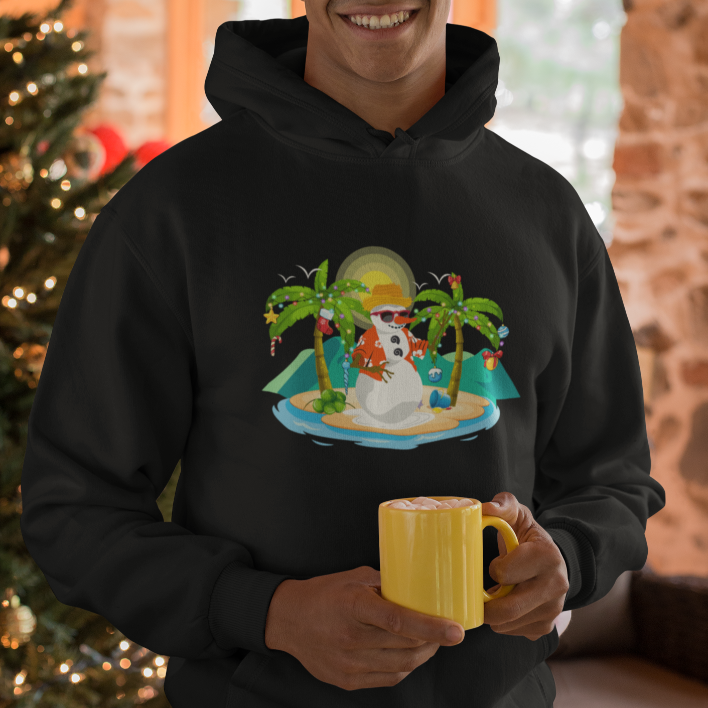 Christmas In Hawaii Hoodie Hawaiian Snowman Xmas Palm Tree At The Beach - Wonder Print Shop